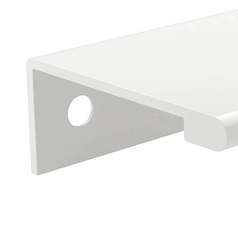 Close-up of Lincoln Collection 3 1/8 Inch Center to Center White Modern Cabinet and Drawer Edge Pull Handle showing hole and edge design