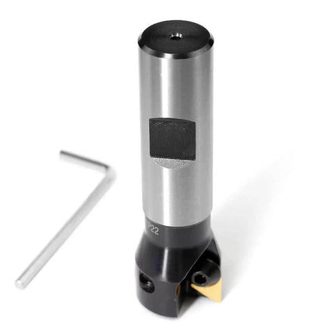 Three Quarters Inch Straight Shank Indexable End Mill With One Inch Cutting Diameter And Three And A Quarter Inch Overall Length Tin Coated TP22 Inserts TPCN1103PDTR Two Flutes 2 Pack Carbide Milling Tool For Aluminum And Steel shown with included hex key