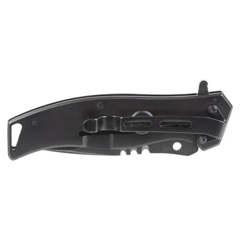 Side view of a black Folding Pocket Knife For Electricians with Bearing Assist Flipper, Frame Lock, and Belt Clip