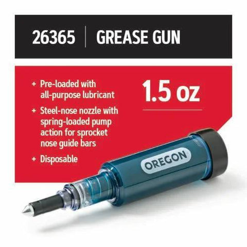 Oregon grease gun with 1.5 oz pre-loaded all-purpose lubricant, blue metal body for saw chains and cutters