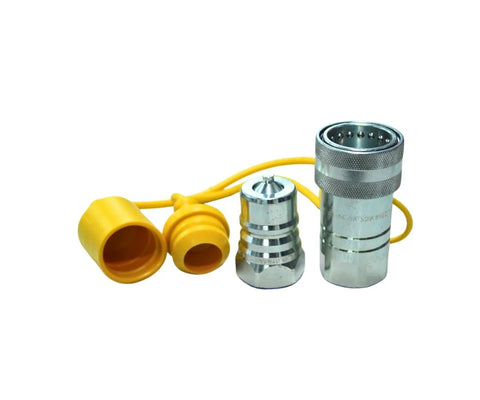 Pioneer-style hydraulic quick-connect couplers, 1 in. NPT thread, chrome metal with yellow dust caps, set of two