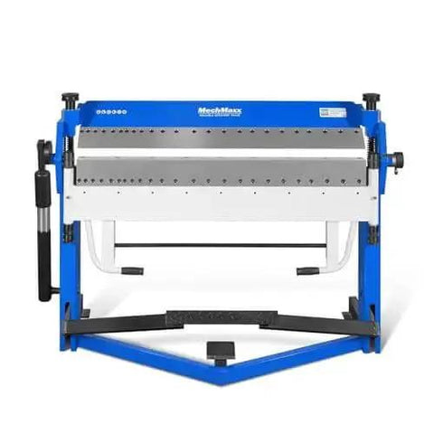 Front view of 50 Inch Foot Clamp Pan And Box Brake For Sheet Metal Folding, Heavy Duty Industrial Metal Bender, hands-free foot pedal clamping.