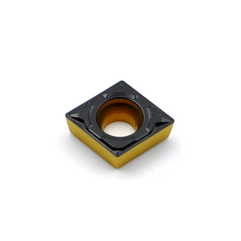 Ccmt32.51 finishing carbide turning insert for steel lathe tools, square shape, black and gold color, close-up view.