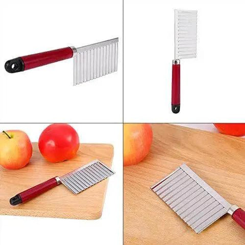 Crinkle Cut Potato Cutter Knife Stainless Steel Wave Slicer for potatoes, carrots, cucumbers; four views on a wooden board with apples.