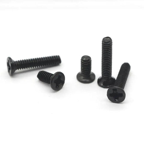 18 Piece Miniature Machine Screw Set With Countersunk And Round Head Screws In Clear Organizer Case For Laptop Repair Glasses And Watch Maintenance Everyday Precision Hardware Kit showing five black screws displayed on a white background.