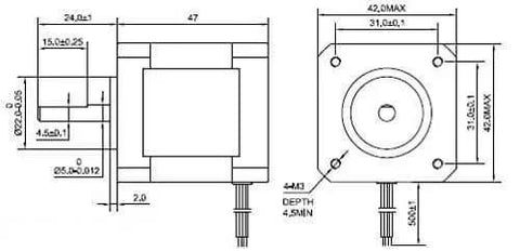Technical diagram of Nema 17 Bipolar Stepper 0.9deg(400 Steps/rev) 1.68A 44Ncm(62.3oz.in) Motor showing dimensions.