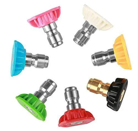 Assorted pressure washer nozzle tips with stainless steel and brass connectors, featuring a 0-degree red tip and others in various colors.