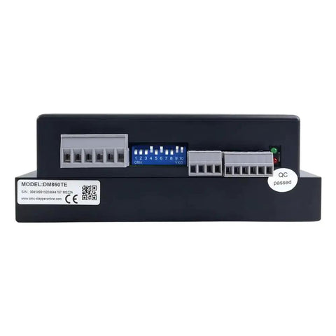 Back view of TE Series Digital Stepper Driver for Nema 34 motors, showing connectors and switches, 2.4-7.2A, 20-80VAC, 30-100VDC
