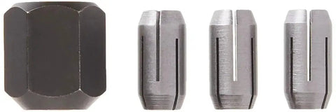 Replacement Collet And Nut Kit For Spiral Saws And Drywall Routers Keeps Your Tool Running Smooth With One Eighth Inch Five Thirty Second Inch And One Quarter Inch Collets And Nut Fits All Spiral Saw Tools, showing nut and 3 collets.