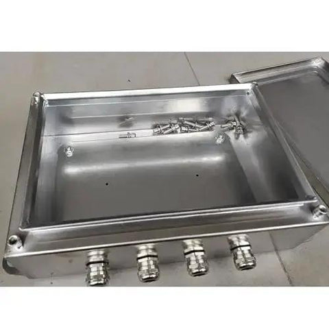Heavy-Duty Stainless Steel Junction Box for Control Panels, 50x50x20 cm, wall-mounted with 3 cable glands, open view