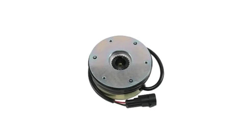 Front view of round metal electromagnetic brake for forklift with central splined bore and wiring connector.