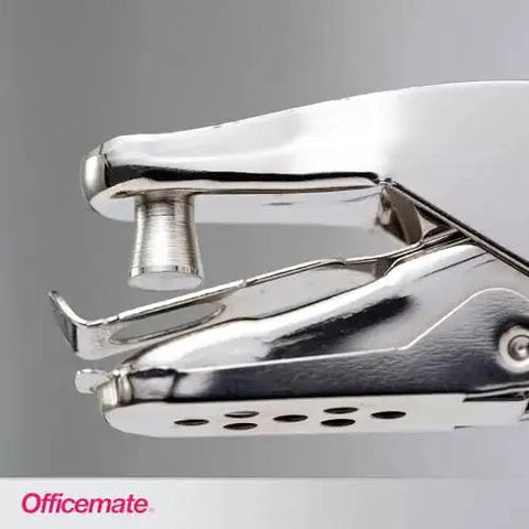 Close-up of one hole punch for office use, 5 sheet capacity, nickel plated hand punch in slick silver finish, compact desk accessory.