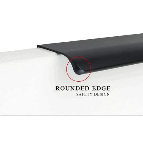 Close-up of matte black modern edge finger pull handle with rounded edge design for 10 Pack Matte Black Modern Edge Finger Pull Handles For Cabinets And Drawers With Hidden Mount Aluminum Alloy 150 Millimeter Length 128 Millimeter Hole Spacing Fingerprint Resistant Easy Pre Drill Installation.