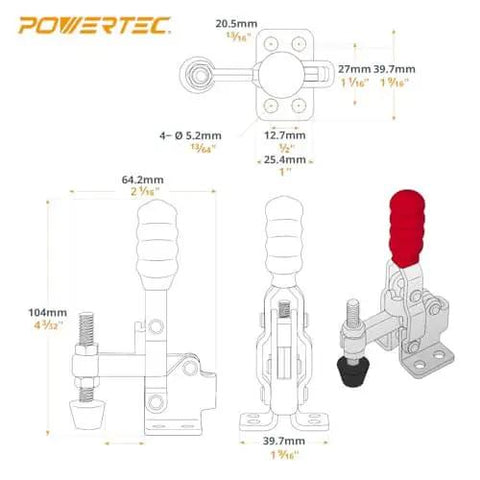 Technical diagram of Rock Solid 8 Pack Toggle Clamp Set With 200 Lb Holding Capacity Heavy Duty Quick Release Vertical Clamps