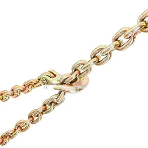 Close-up of Three Eighths Inch 20 Foot G80 Tow Chain with grab hooks, galvanized manganese steel, 7100 lb WLL, DOT certified