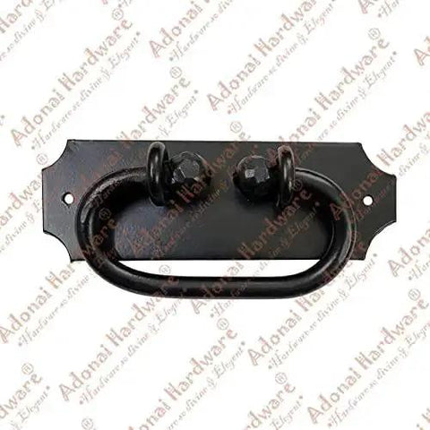 Front view of Moladah Hand Forged Iron Drop Pulls Two Pack Matte Black Finish for vintage wood cabinets, 154mm by 51mm.