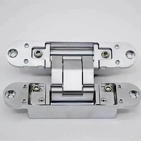 Premium Zinc Alloy Hidden Three Dimensional Adjustable Door Hinge for cabinets and closets, front view showing zinc alloy material