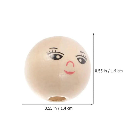 Round Wooden Smile Face Beads Set, single 14mm wood bead with smile design, hole visible for DIY jewelry and crafts.