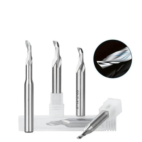 8mm Shank Carbide End Mill Single Flute CNC Router Bit with 3 to 8 mm cutting diameter, displayed with detailed close-up view