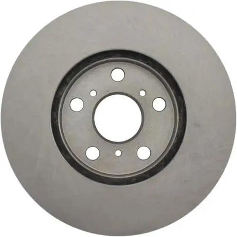 Front brake rotor with five-lug bolt pattern and central bore; metallic silver finish.