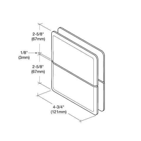 Senior Prima 02 Series Glass To Glass Mount Hinge dimensions diagram for top and bottom mount design, polished chrome finish, glass hardware