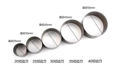 Assorted steel circle cutting molds for leather crafts, showcasing sizes from 20mm to 50mm, ideal for craft projects.