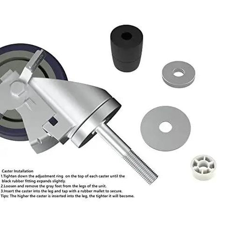 Components of 4 Inch Prep Table Casters Set Of 4 With Brakes For Commercial Kitchen Tables, Expanding Stem Casters, Stainless Steel, OK5STAR