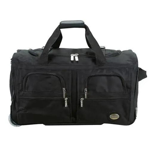 Rolling Duffel Bag With Extra Large Wheels And A Wide U Shaped Opening, Sleek Black 22 Inch Soft Sided Travel Luggage, Four Front Pockets