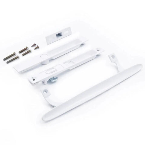 Flush Mount NonKeyed Sliding Glass Patio Door Lock Handle Set Fits One To One And One Eighth Inch Thick Doors With Six And Five Eighth Inch Hole Spacing Night Lock Hook Latch NonHanded White in disassembled view on white background