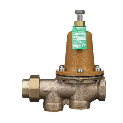 Watts LF25AUB-Z3 water pressure reducing valve, brass body, green tag, 3/4 in NPT female union x female, polymer seat.