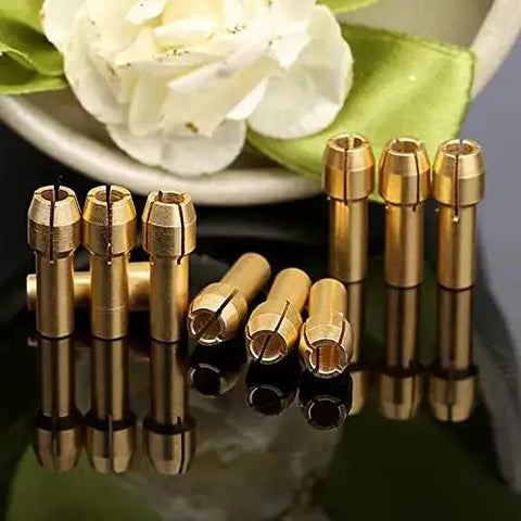 10 Pack Brass Collet Nut Adapters 3.2mm Replacement for Dremel Rotary Tools displayed on reflective black surface