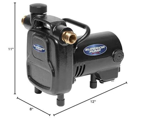 Transfer pump, black; 12in long, 11in high, 8in wide with brass fittings and Superior Pump branding.