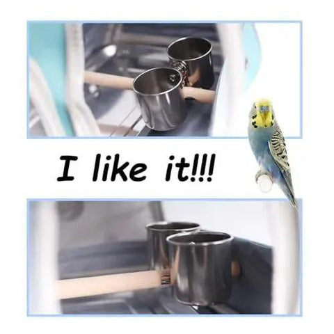 All In One Bird Feeder Cups With Clamp Mount On Standing Perch Two Stainless Steel Food And Water Cups Rust Resistant And Easy To Clean