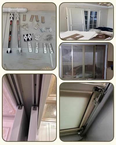 Soft Close Pocket Door Track Kit For Barn Doors, 5.9Ft black sliding hardware installed on doors and ceiling, close-up views.