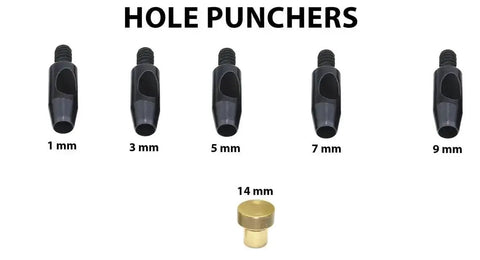 Leather Hole Punching Die Set With 1Mm 3Mm 5Mm 7Mm And 9Mm Punch Dies for Hand Press Machine, DIY tools shown in black and brass.