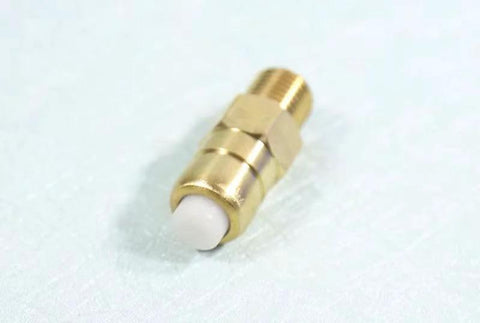 Brass thermal release relief valve for pressure washer, close-up view with white tip