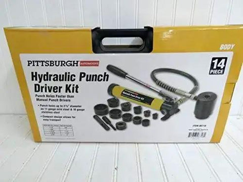 Packaging of 14 Piece Hydraulic Hole Punch Kit For Metal Work Portable Yellow And Black Punch Holes In 11 Gauge Steel And 16 Gauge Stainless