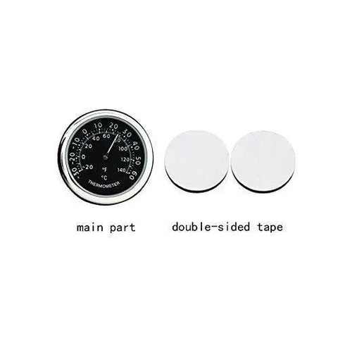 Car Dashboard Thermometer With Night Light Mini Vehicle Temperature Gauge showing black circular face and two adhesive tapes.