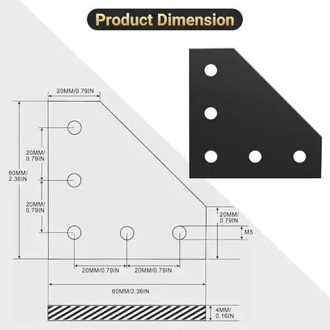 2020 Aluminum Extrusion Corner Bracket Set diagram showing dimensions for 20x20mm profiles, L shape with 5 holes, black color.