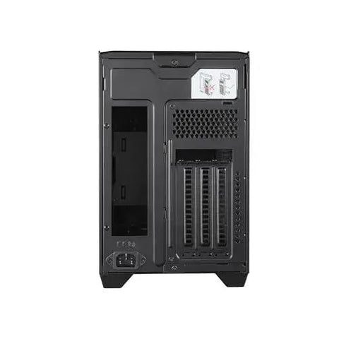 Back view of NR200P V3 Mini ITX Case Dope Compact Build with PCIe 5.0 Riser Cable, showing vertical GPU mount and ventilated backplate.