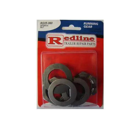 Packaged 1 Inch 14 Thread Spindle Nut Set With Tang And D Washers Old Style in red and clear packaging