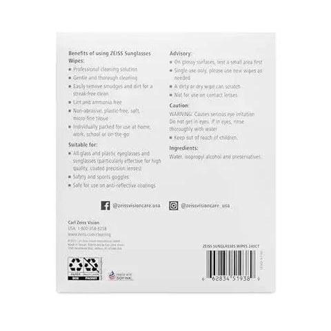 Back of ZEISS Pre-Moistened Sunglasses Cleaning Wipes For Smudge Removal 240 Count package showing benefits and advisory information.