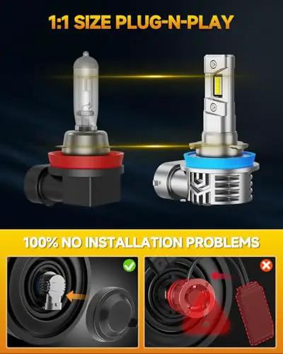 Ultra Bright H11 H9 H8 LED Headlight Bulbs Pack Of 2, 1x1 Mini Size Plug And Play, displaying comparison with halogen bulb.