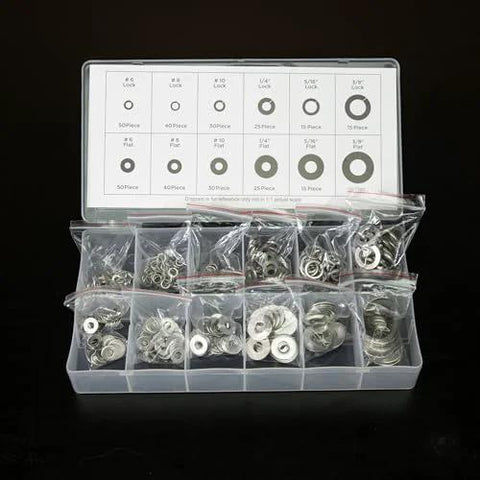 NEIKO 50400A stainless steel lock and flat washer set, front view, 350 pcs in 12 sizes, in clear plastic organizer.