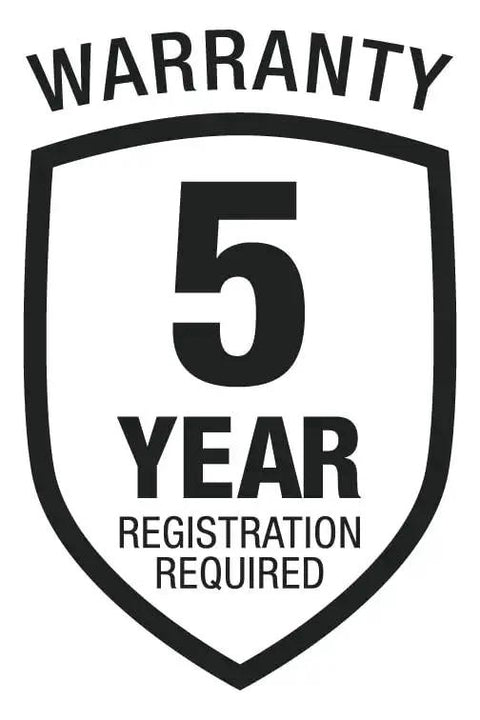 Warranty badge for 5-year coverage requiring registration for Rechargeable 4V Cordless Screwdriver With Circuit Sensor Technology.