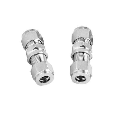 Two Pysrych 304 stainless steel bulkhead compression tube fittings, 1/8 in. OD x 1/8 in. OD