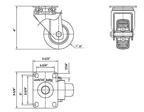 Technical diagram of 3 Inch Swivel Casters Set Of 4 Heavy Duty Plate Casters With Premium Polyurethane Wheels, dimensions and specifications.