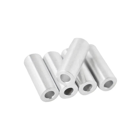Lightweight aluminum spacer standoff with three eighths inch outer diameter and three sixteenths inch inner bore, plain finish, five pieces