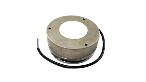 Top view of forklift electromagnetic brake assembly: circular metal ring with center bore and three mounting holes, wiring.
