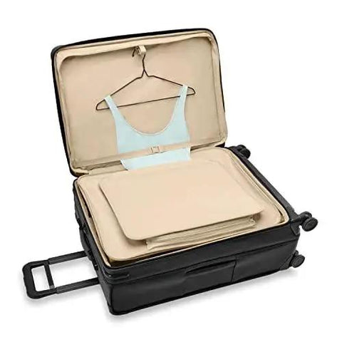 Open view of black Large 29 Inch Expandable Spinner Checked Luggage For Travel With One Touch CX Compression And Four 360 Spinner Wheels